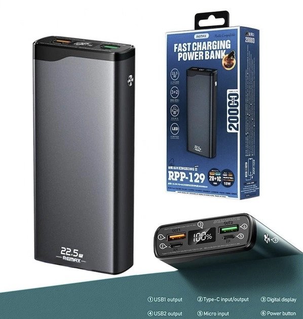 Remax RPP-129 20000mAh 22.5W PD+QC Multiple In & Out Fast Charging Power Bank With Display