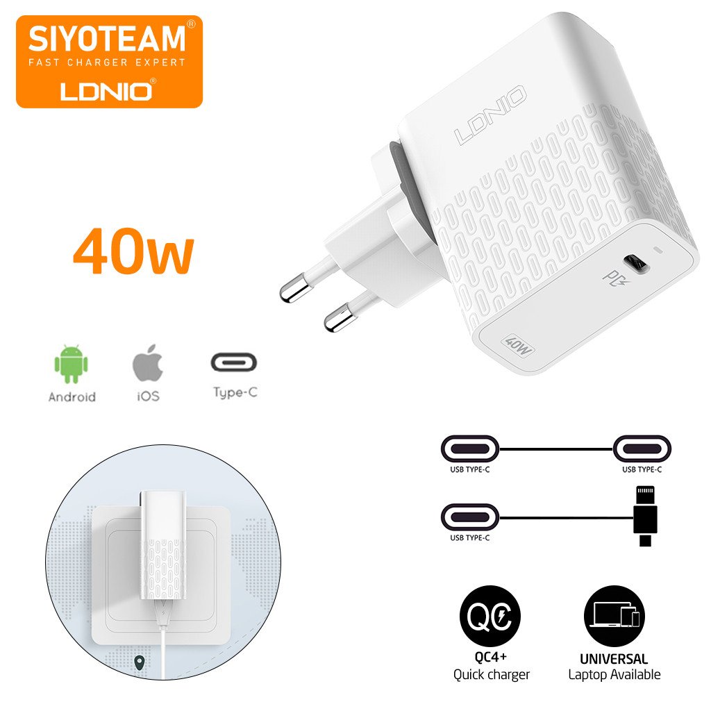 LDNIO 40W Type-C PD Fast Charging Foldable Power Adapter (A1405C) – White Color